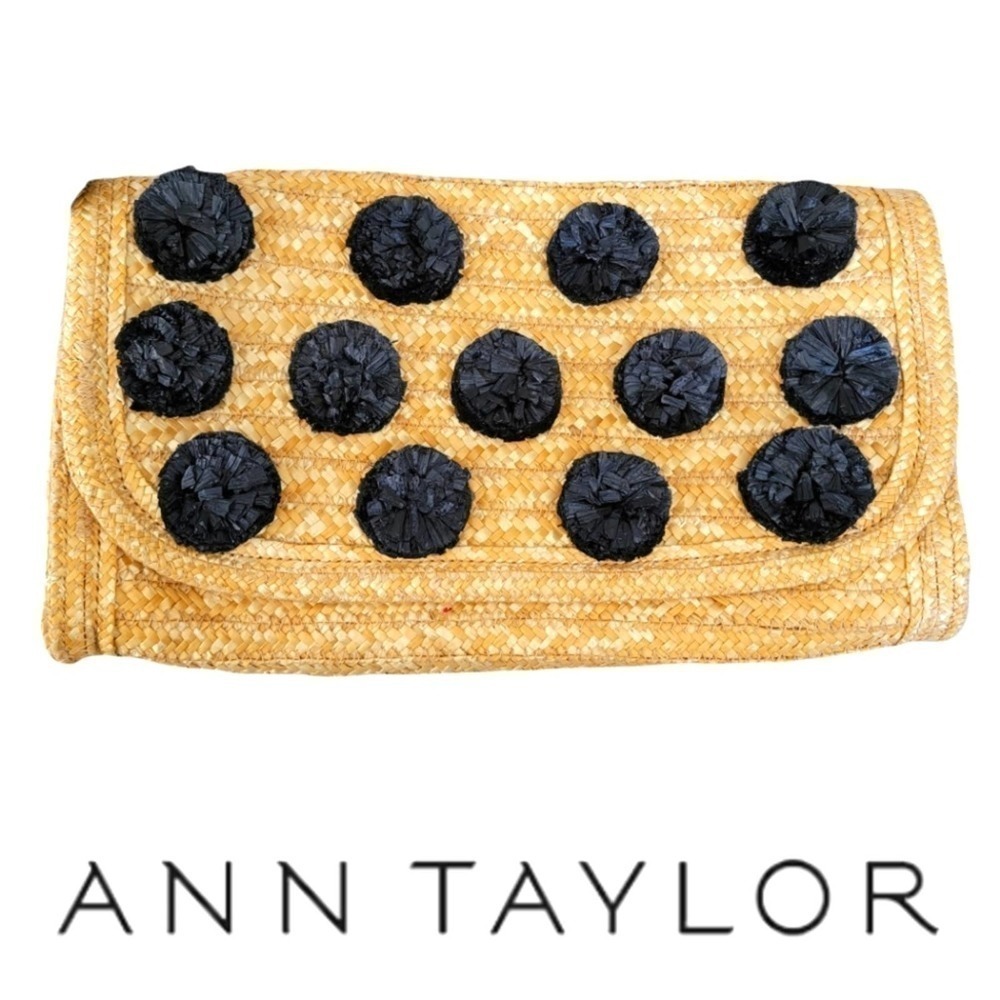 🛑 2 / $40 Sale! ANN Taylor Wicker & Black Pom Large Clutch. NWT